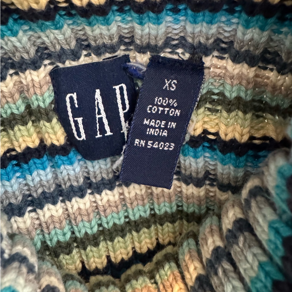 Vintage 90s Striped Gap Sweater Leather Elbow Patch XS Turtleneck 100% Cotton - Picture 6 of 13